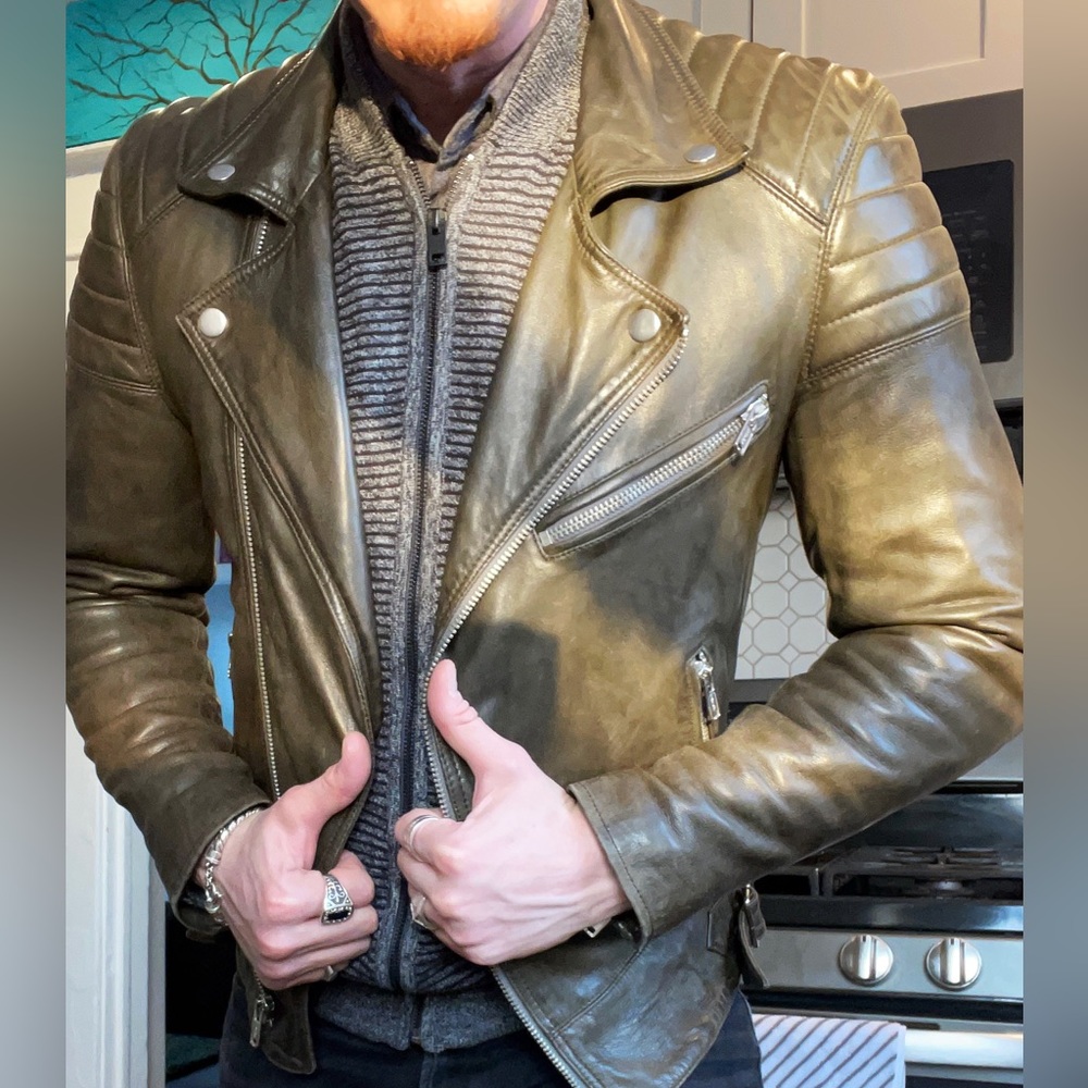 BLK DNM Men’s Olive Green Leather Moto Jacket - Size M - Picture 7 of 10